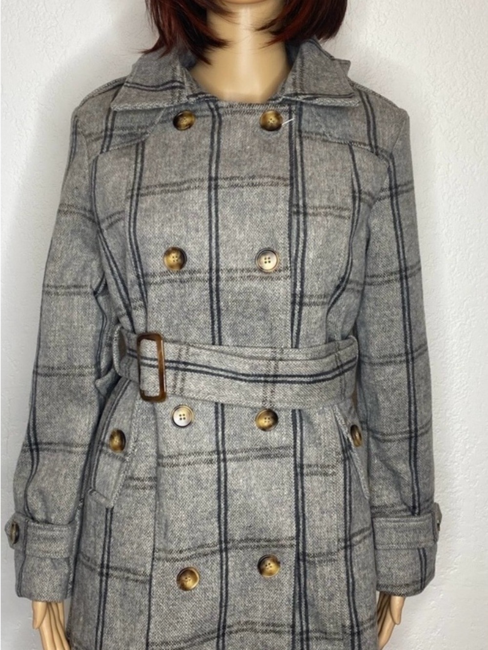 Gray Plaid Double-Breasted Trench Coat with Belt